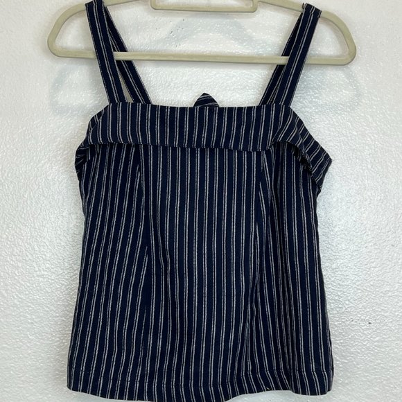 J. Crew Point Sur Freddie Navy Blue Pinstriped Back Bow Linen Blend Top sz 4 - Picture 4 of 7